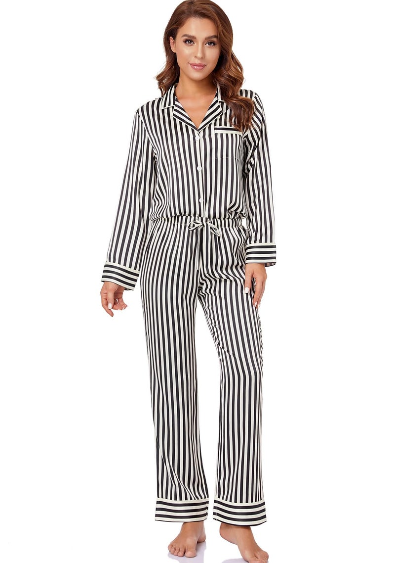 Serenedelicacy Women's Satin Pajama Set Long Sleeve Button Down Sleepwear 2-Piece Silky Pj Set (Medium, Champagne/Black, Stripe) - Image 1
